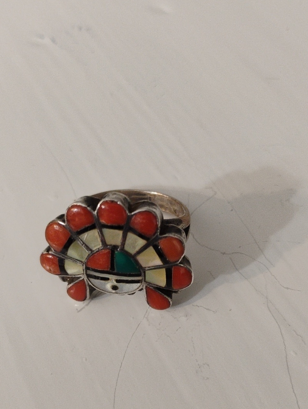 Sterling Silver Inlay Flower Ring with Red Coral and Turquoise Accents